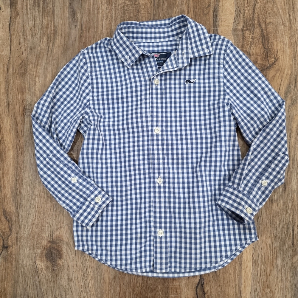 Vineyard Vines Toddler Boy Blue White Gingham Long Sleeve Button Down Size 4T - Picture 1 of 5